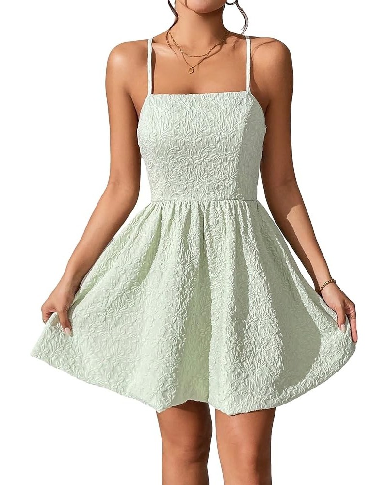 Women's High Waist Spaghetti Strap Jacquard Lace Up Backless Cami Mini Dress Green $19.32 Dresses