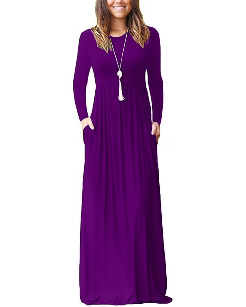 Maxi Dress for Women Purple X-Large Crewneck Long Sleeves Wedding Guest Loose Plain Casual Empire Waist Flowy Party Beach Vin...
